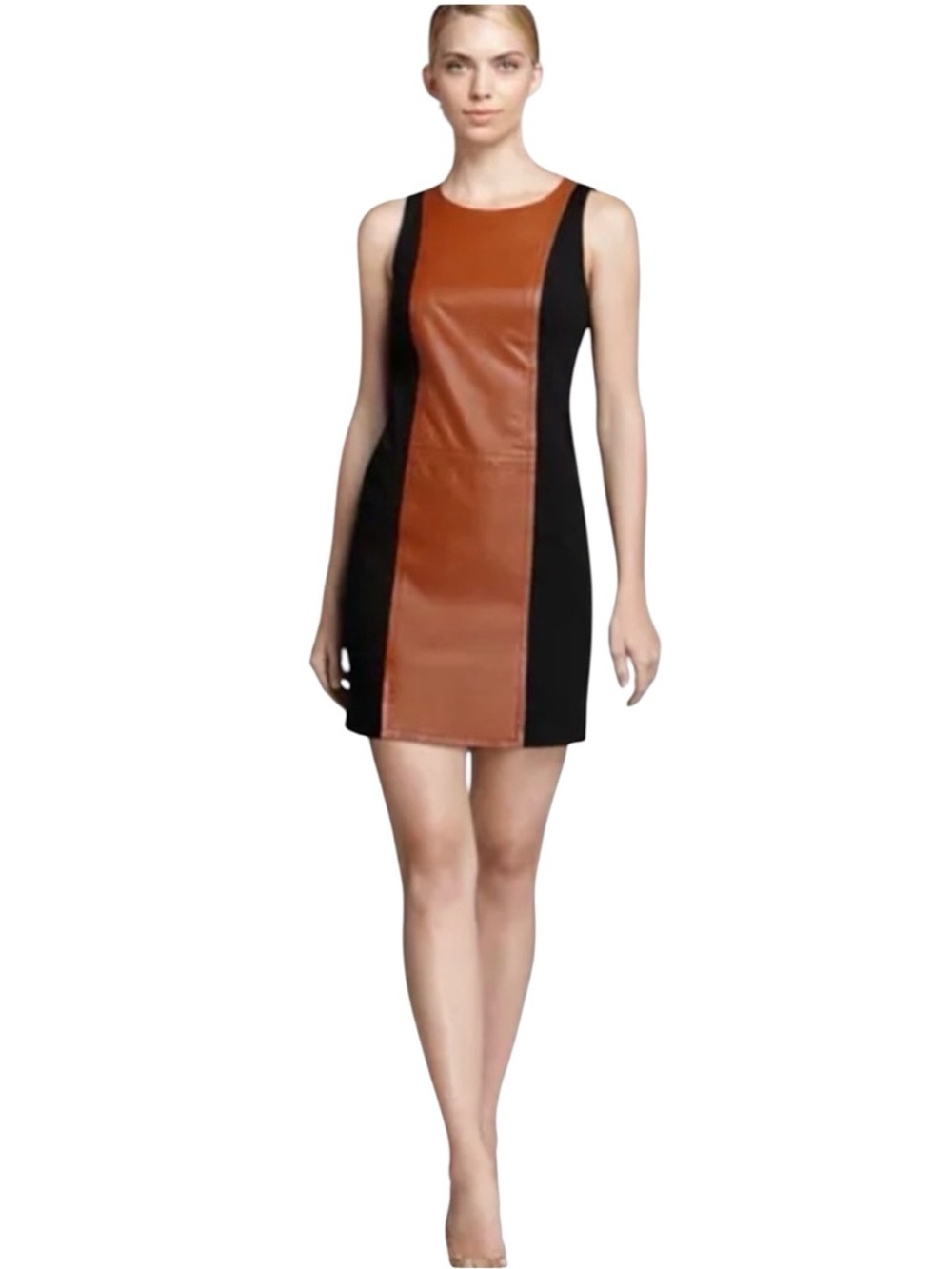 Trina Turk Black & Cognac Leather Panel Mini Sheath Dress
